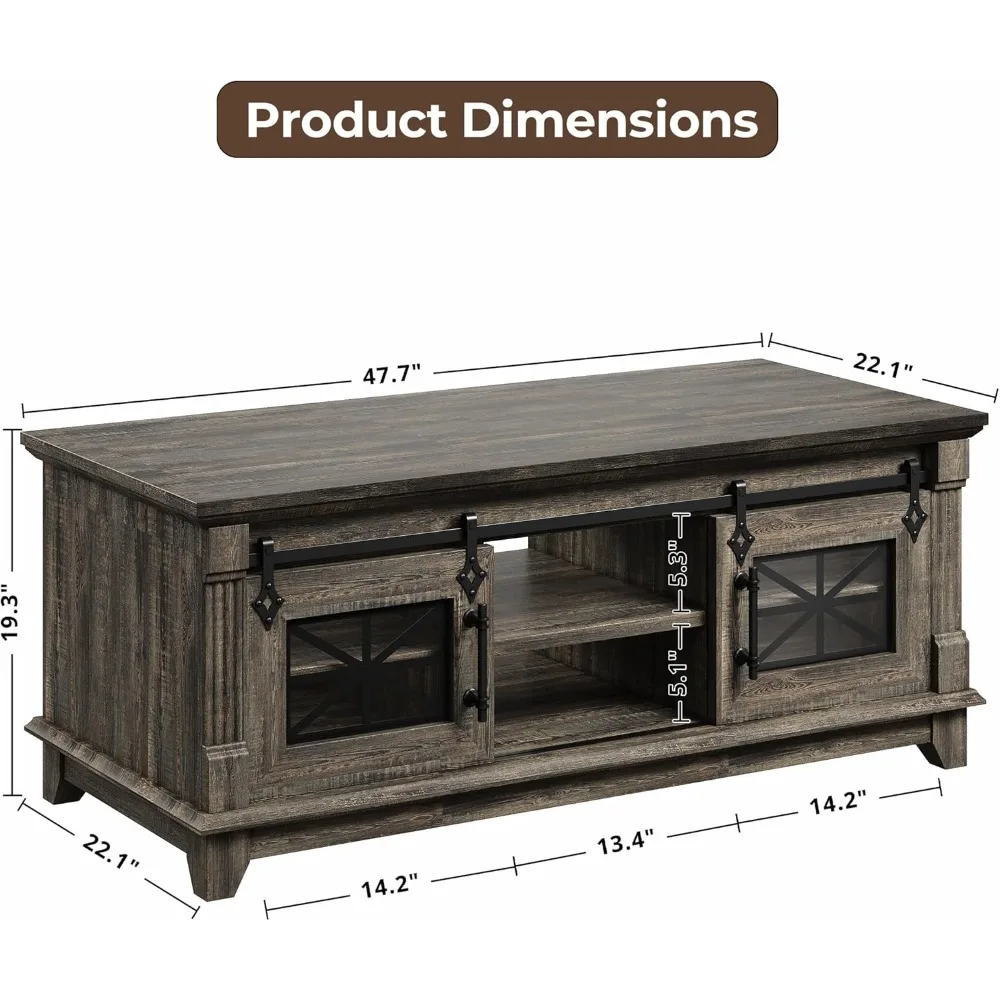 48'' Coffee Table with Sliding Barn Doors, Rustic Center Table with 6 Large Storage Space, Glass Doors and Adjustable Mid