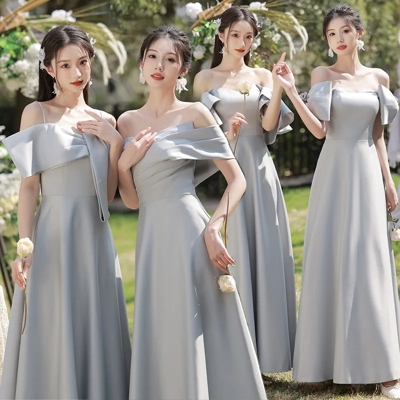 

Simple Satin Grey Bridesmaid Dress Off Shoulder Ruffle Edge Wedding Female Guest Dresses Sexy Backless Lace Up Banquet Gown