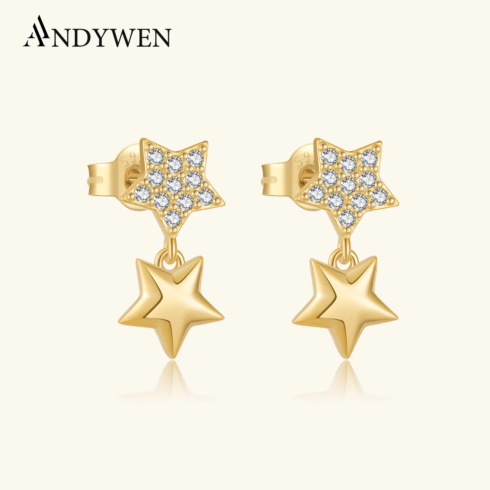 

ANDYWEN серьги-гвоздики из стерлингового серебра 925 пробы с двумя звездами и цирконием CZ, пирсинг в стиле рок-панк, ювелирные изделия, роскошный модный подарок для женщин