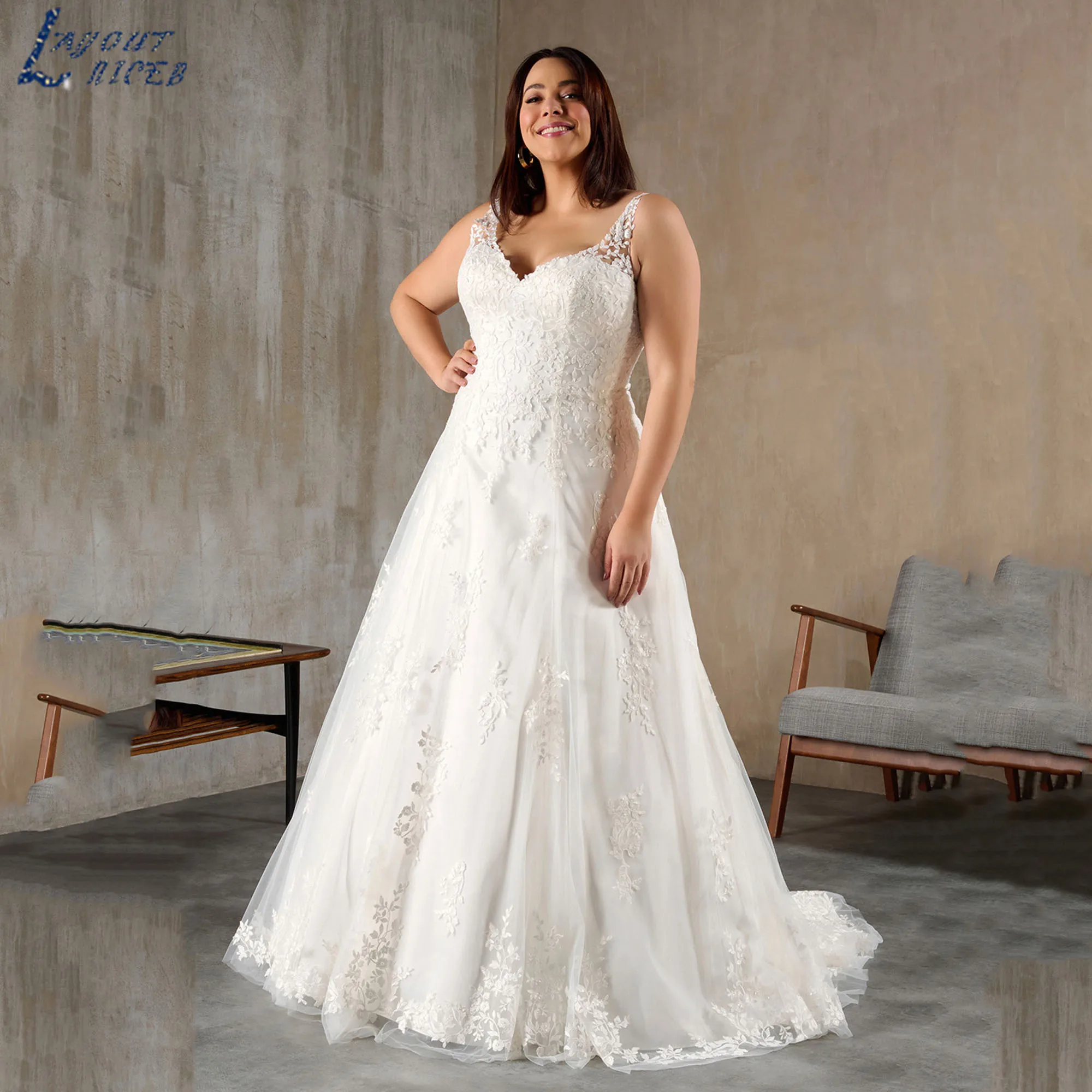 

Plus Size Wedding Dress Luxury 2025 A-line V-neck Sleeveless Lace Appliques Bridal Gown Elegant Tulle vestidos de novia Customiz