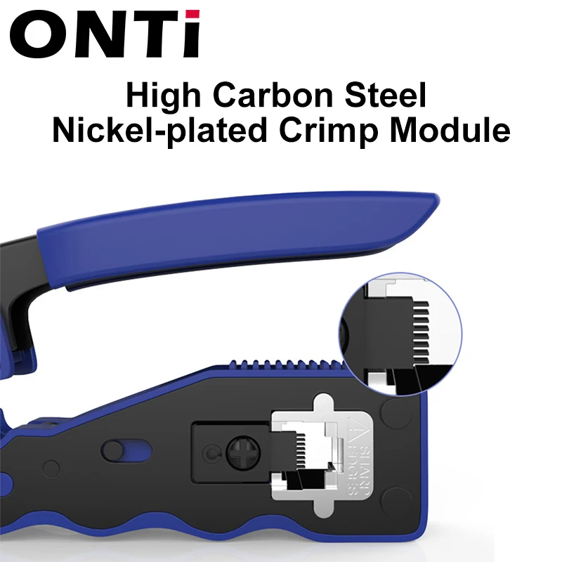 ONTi RJ45 Pass Through Crimper Tool and Rj45 Connector, Ethernet Crimper Crimping Tool Wire Stripper Cutter for Cat6a Cat5