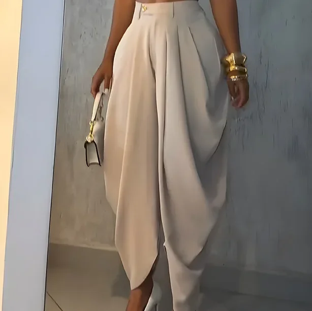 Pantalon long ample taille haute pour femme, style décontracté et actif, couleur unie, collection automne 2026, idéal pour le travail ou la ville