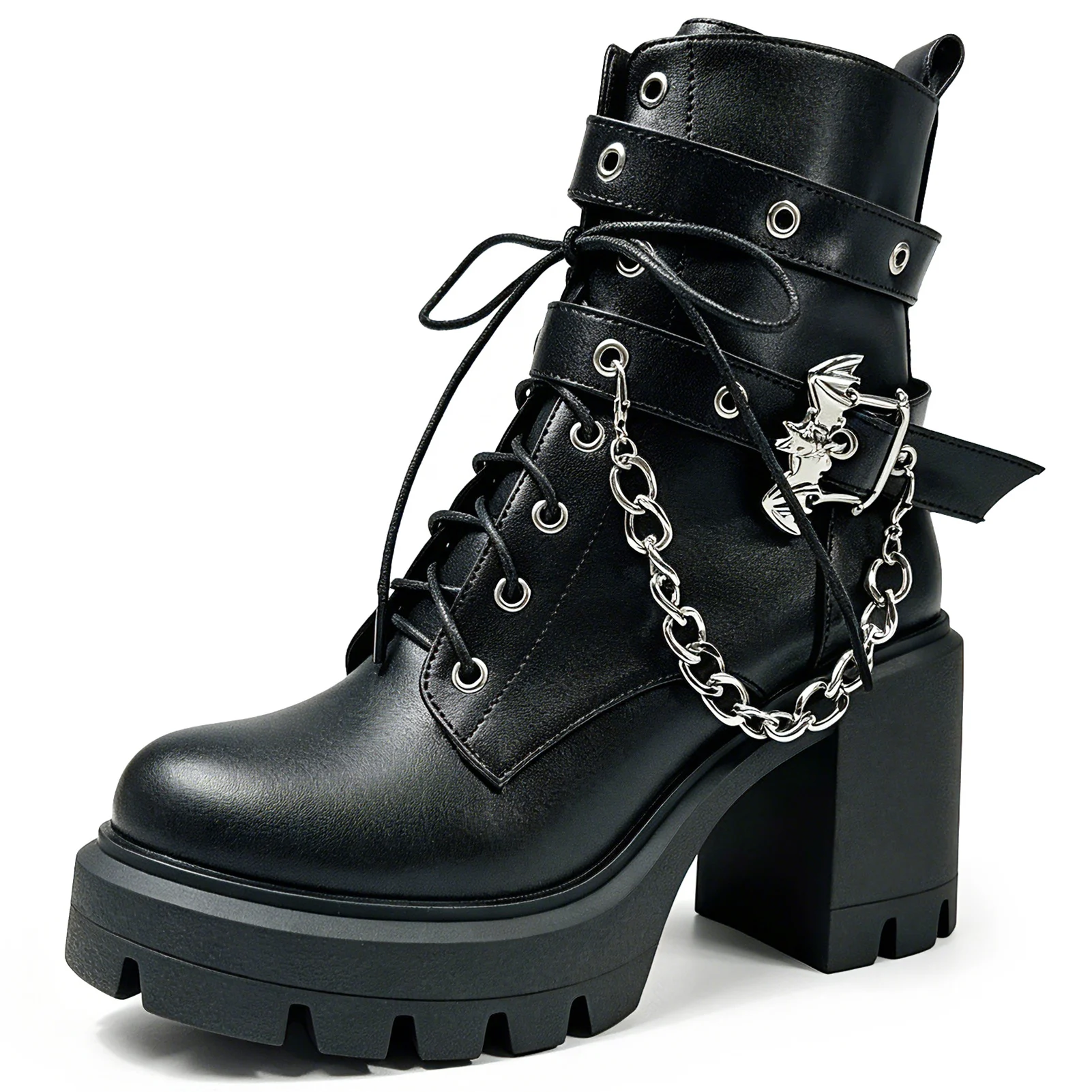 Platform Goth Boots for Women Black Combat Boot Gothic Boots Buckle Chunky Heel Ankle Booties Chain Lace-up Heeled Dress Shoes With Zipper