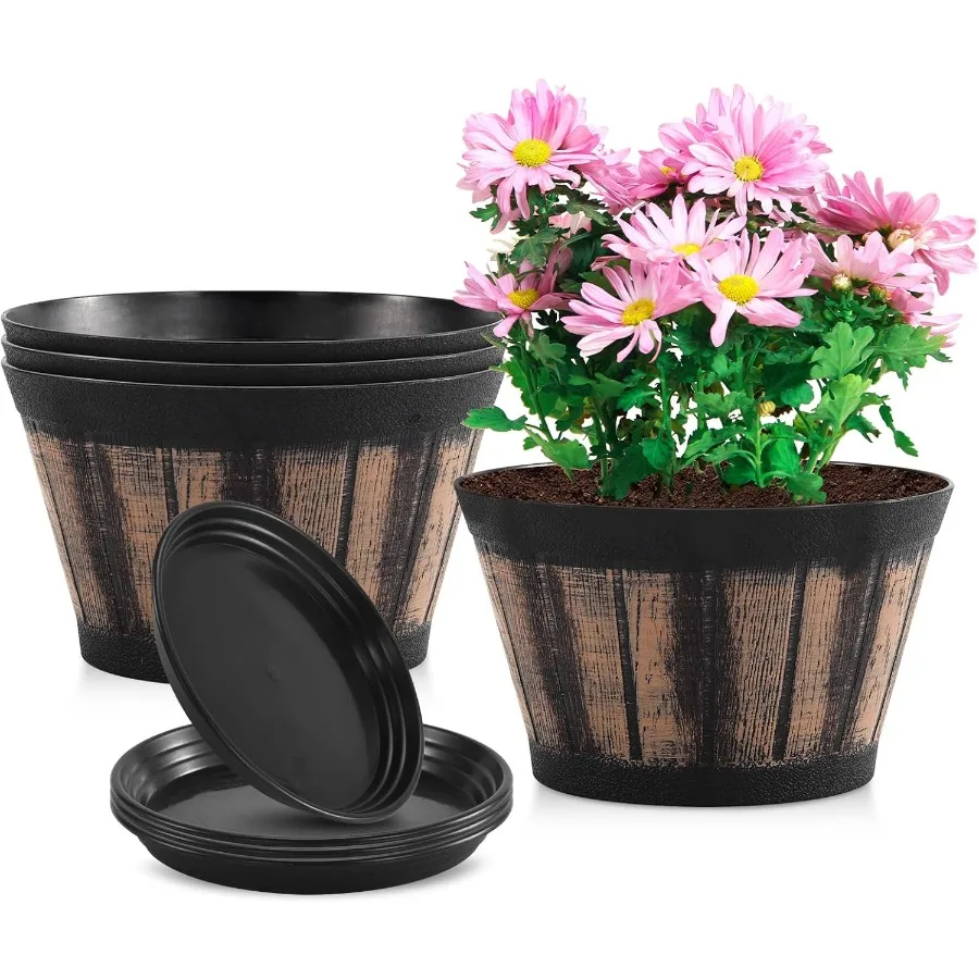 

8 inch Brown Plastic Whiskey Barrel Plant Pots Set of 4 with Drainage Holes and Saucer for Indoor and Outdoor Garden Home Plant