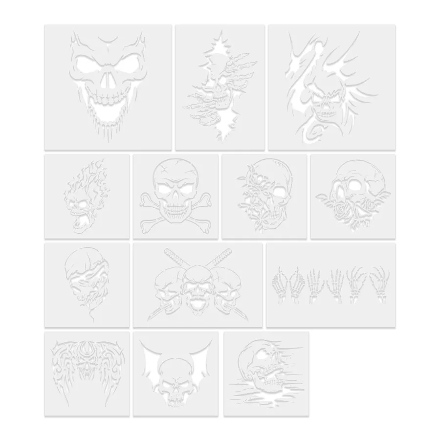 14-teiliges wiederverwendbares Totenkopf-Malschablonen-Set, 20,3–30,5 cm große Skelett-Kopf-Vorlagen für Wand, Holz, Stoff, DIY, Basteln, Karten, Scrapbooking