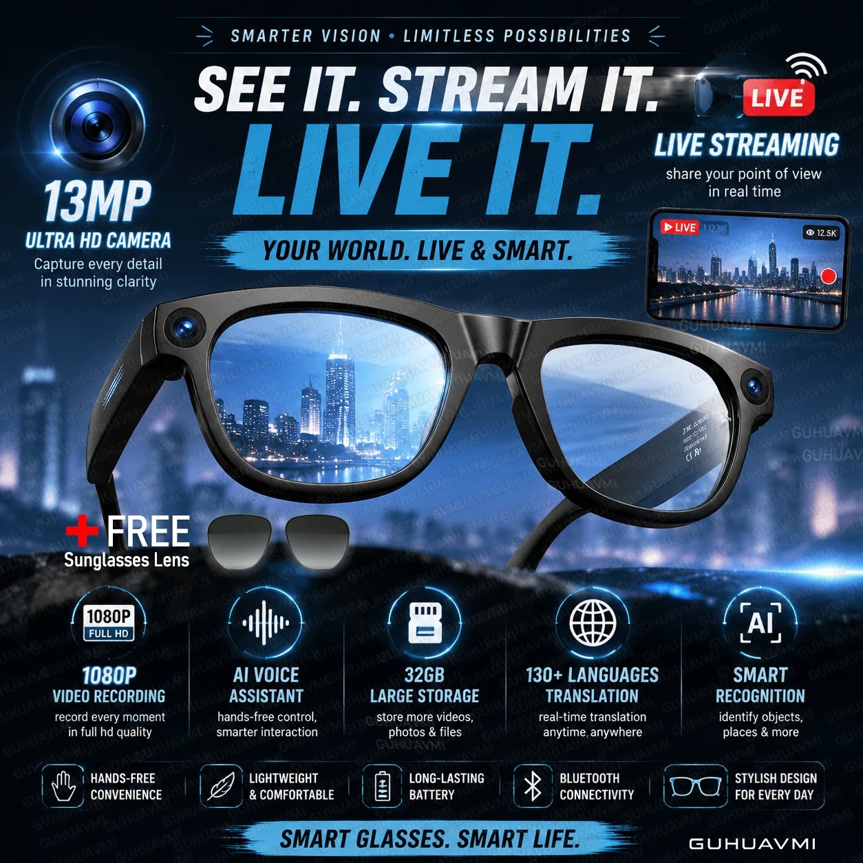AI Smart Glasses with 13MP Camera Video Streaming Live Broadcast AI Assistant Real Time Translation Call Music Glasses Men Women
