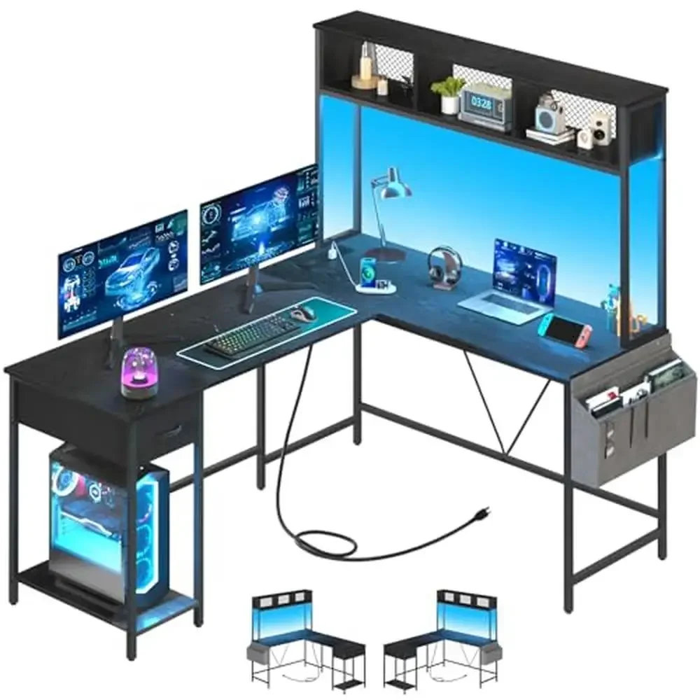 Gaming Desk LED Light Strip Power Outlet L-Shaped Computer Desk Storage Shelf Drawer Adjustable Feet 55.1