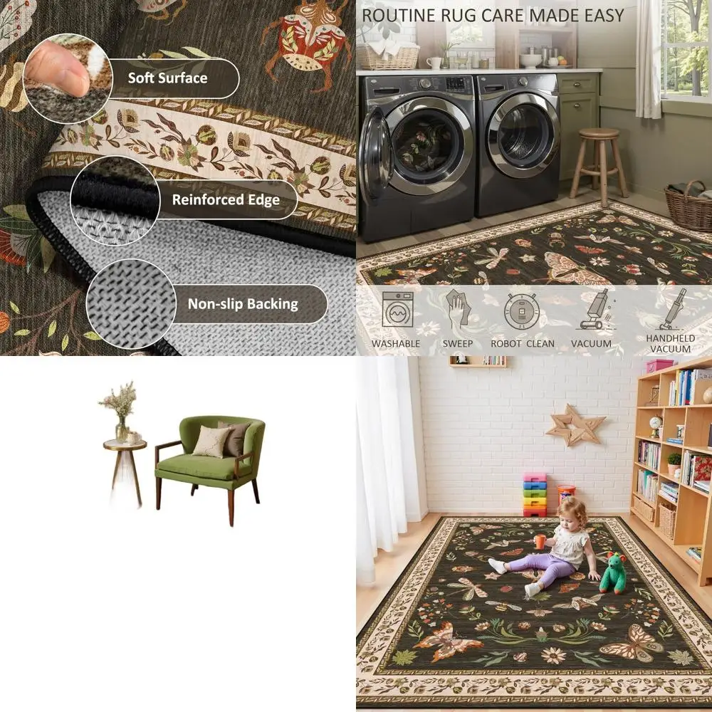 

5x7 Brown Floral Area Rugs - Thin, Non-Slip, Washable for Living Room, Bedroom, Office, and Nursery