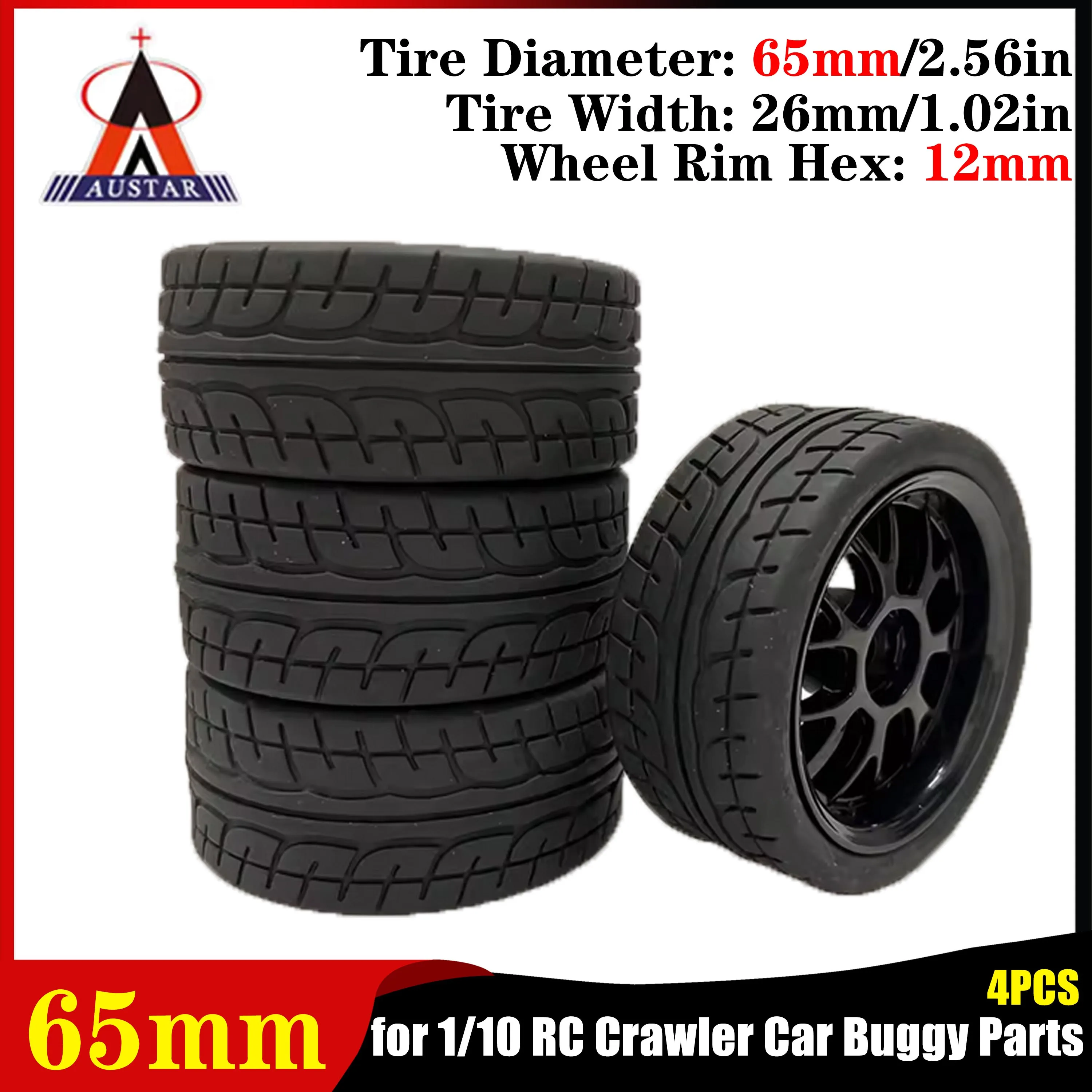 4PCS AUSTAR 65mm RC On-road Rubber Tire 12mm Hex Wheel Rim Tyre Skidproof Wear-resistant for 1/10 RC Crawler Car Buggy Parts