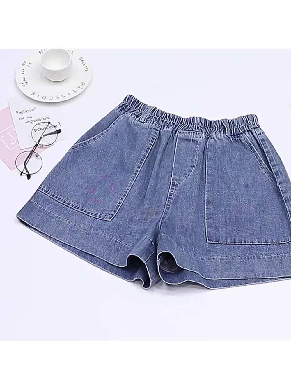 

Korean Fashion Blue High Waist Pocket Denim Shorts Women Loose Summer New Thin Versatile Wide Leg Trend Short Pants Street