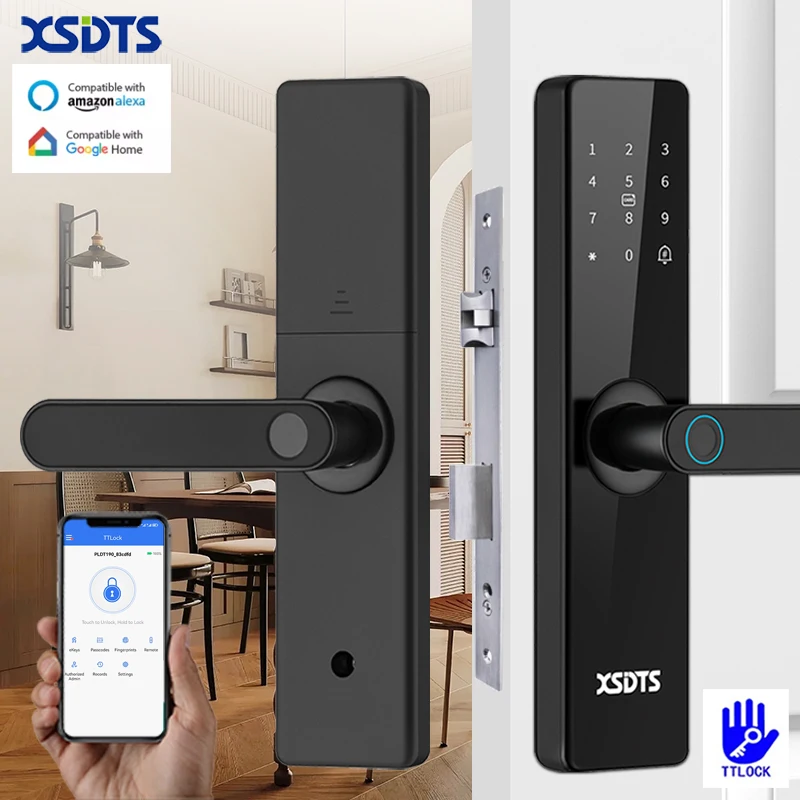 

XSDTS TTLock App Bluetooth Work With Google home Aleax Security Digital Fingerprint Password Electronic Smart Lock For Home