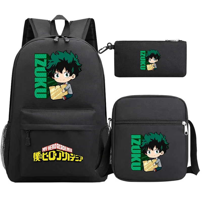 Mochila Deku para niños y niñas, bolso escolar de My Hero Academia, bolso de hombro MHA, estuche para lápices, 3 unidades por juego