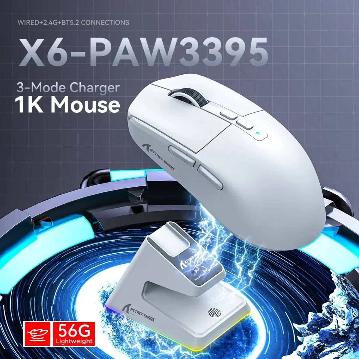 

Attack Shark X6 Mouse Wireless Bluetooth Gaming Mouse with Magnetic Charging Base RGB Backlight Up To 26K DPI for Laptop