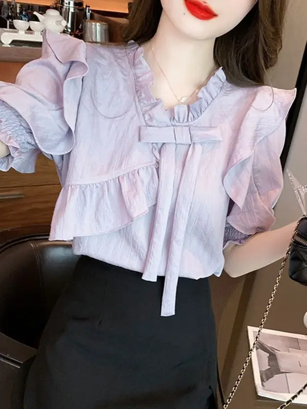 Fashionable Lotus Leaf Collar Bubble Sleeve Chiffon Shirt Women\'s Summer New Design French  Temperament Small Shirt Top