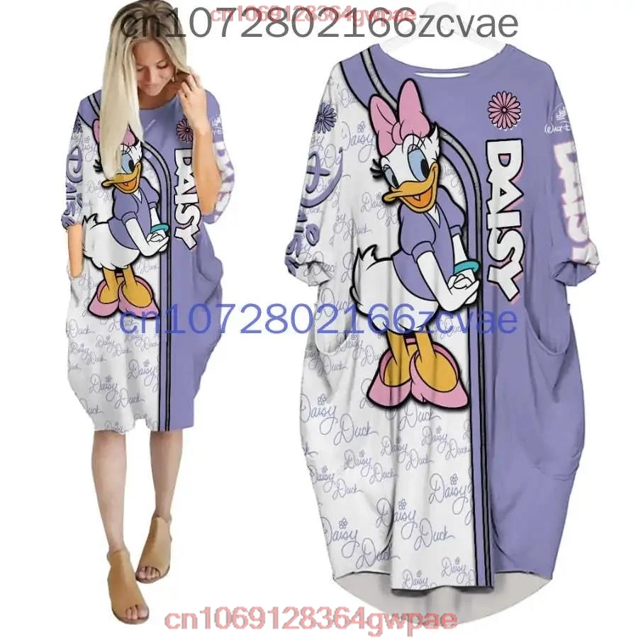 Daisy Duck Oversize Long Sleeves Pocket Dress Disney Cartoon Batwing Pocket Dress Women\'s Fashion Versatile Loose Party Dress