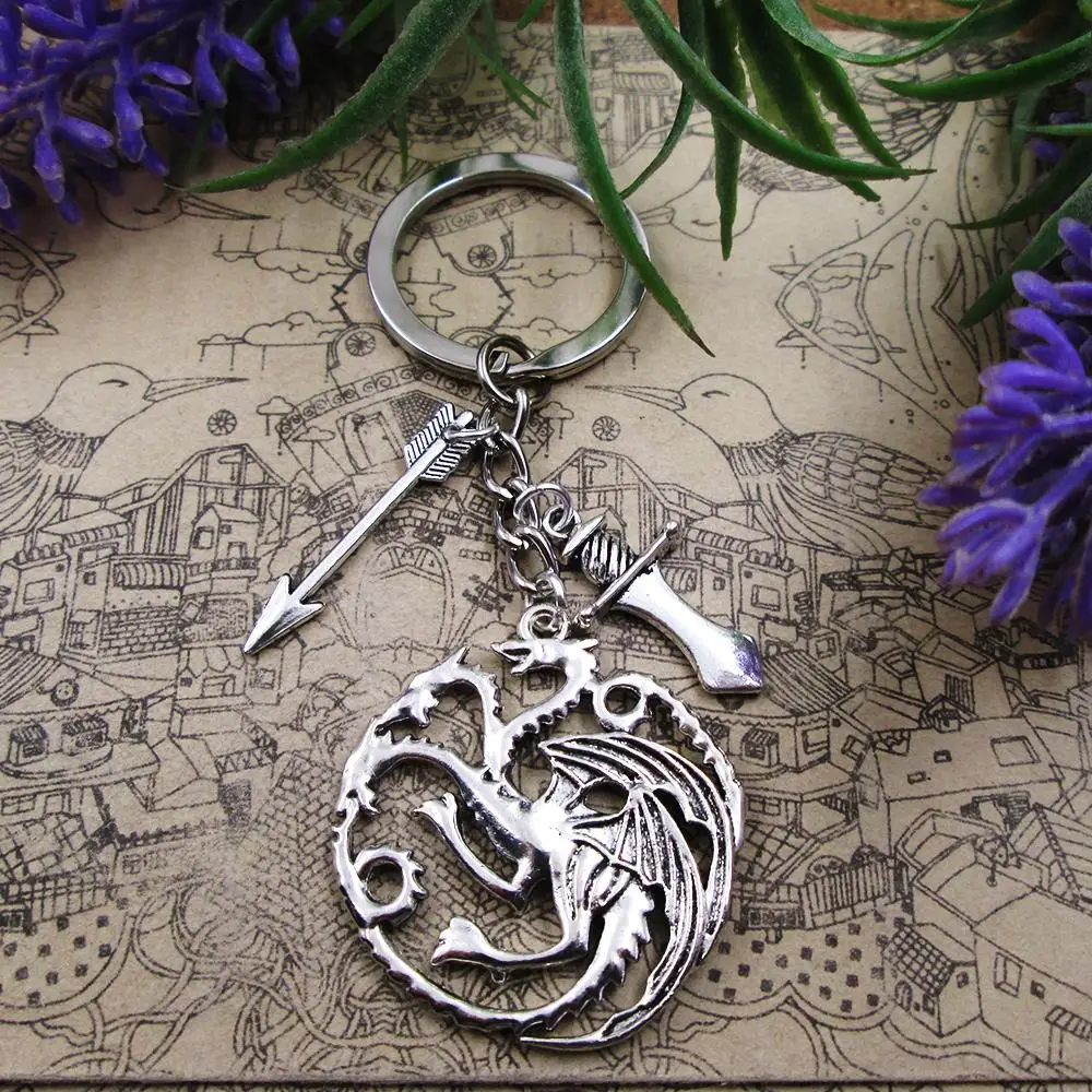 kill dragon arrow sword Theme  antique silver plated Charm keyring Birthday Gift