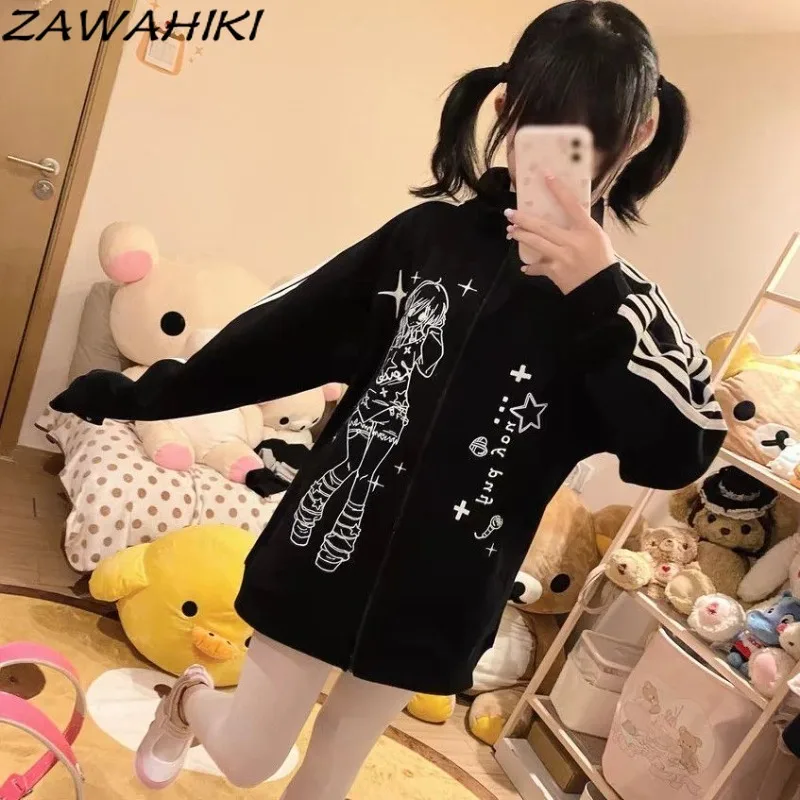 Japanese Hoodies Women Cartoon Print Stand Neck Sweatshirts Preppy Kawaii Top Female Office Lady Casual Fashion Ropa Mujer