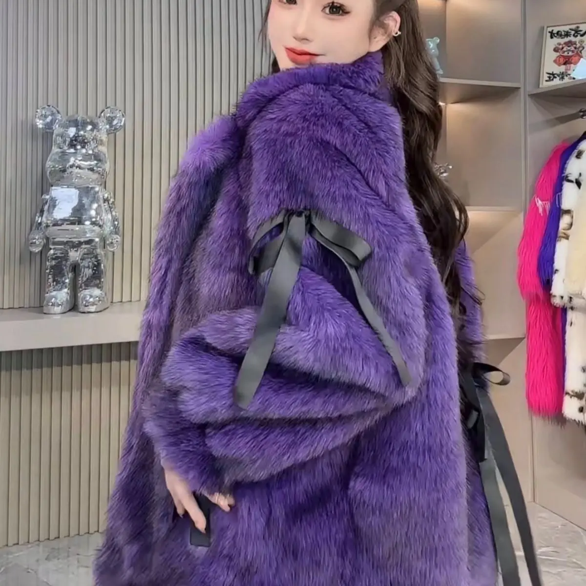 

2025 Winter New Ribbon Bow Socialite Warm Faux Fur Coat Elegant Mid-Length Sweet Purple Warm Thickened Fur Jacket for Women
