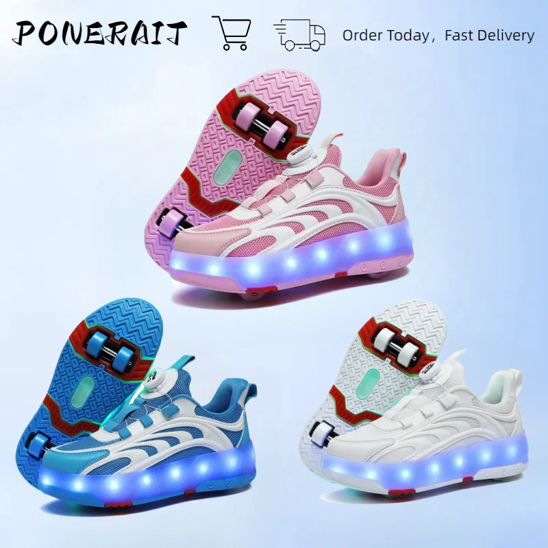 Four-Wheel Skates For Children, Swivel Buckle Deformation Skates For Boys And Girls, Luminous Breathable Mesh Shoes