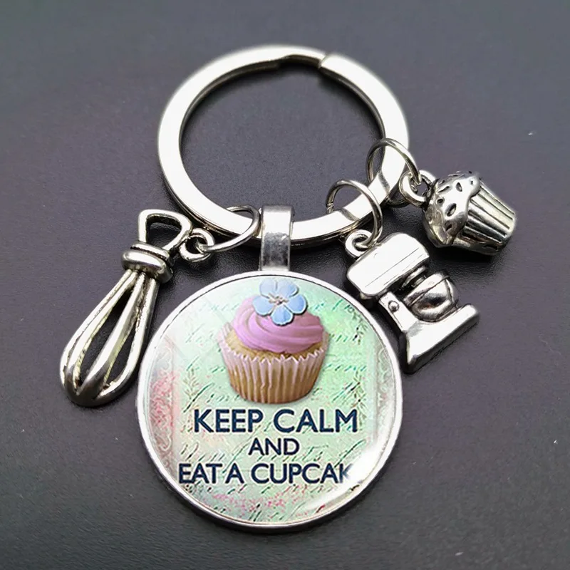 New Cake Cup Pendant Keychain Fashion Cute Dessert Glass Cabochon Metal Pendant Birthday Cake Shop Handmade Gift For Customers