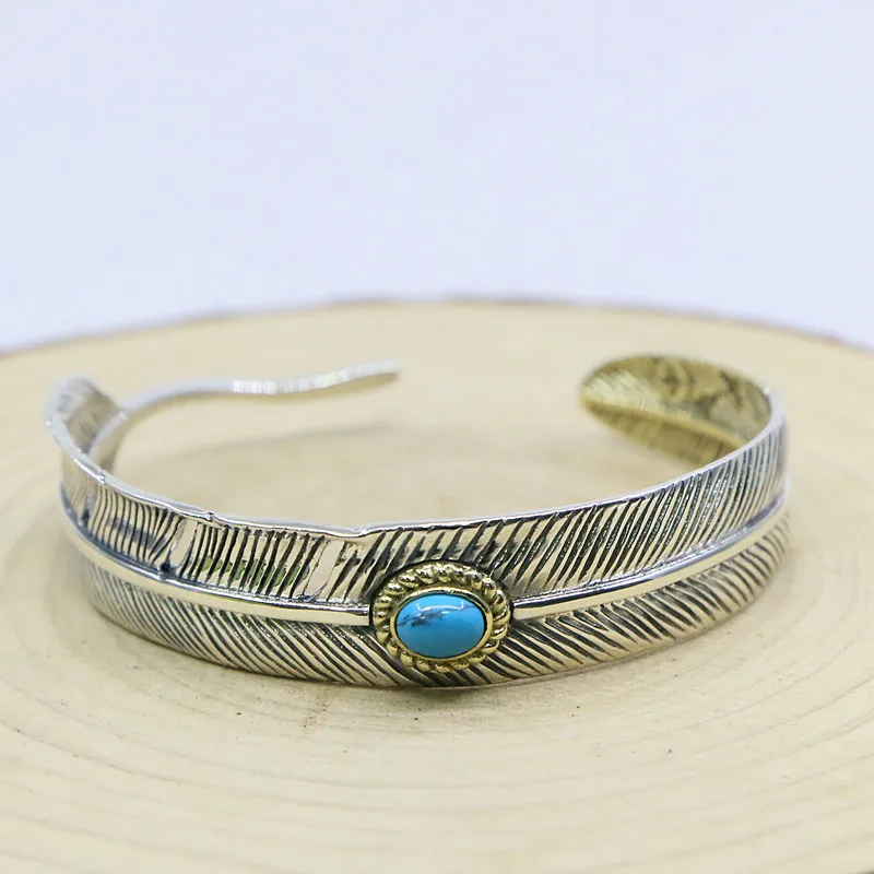 

Sterling Silver Feather Blue Turquoise Gold Tail Bracelet with Opening Male Personality Fashion Trendy Ornament Thai Silver Eagl