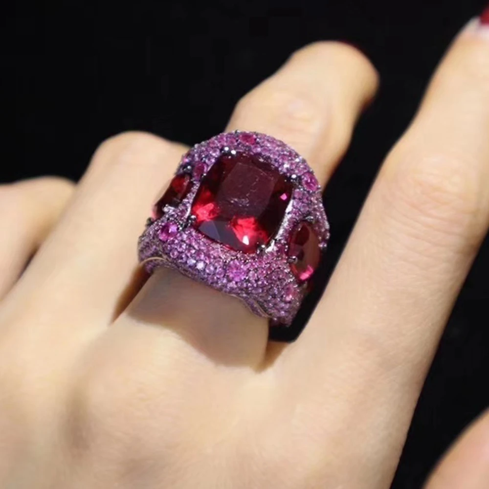 ARIGAYA High Craft Real Solid 925 Sterling Silver With Created Red Ruby High Carbon Diamond Gemstone Rings Fine Luxury Jewelry