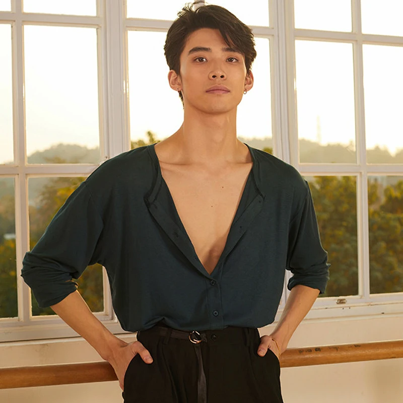 Men'S V-Neck Latin Dance Tops Adults Samba Ballroom Dance Top Men'S Long Sleeves Latin Dance Shirt Practice Clothes SL15602