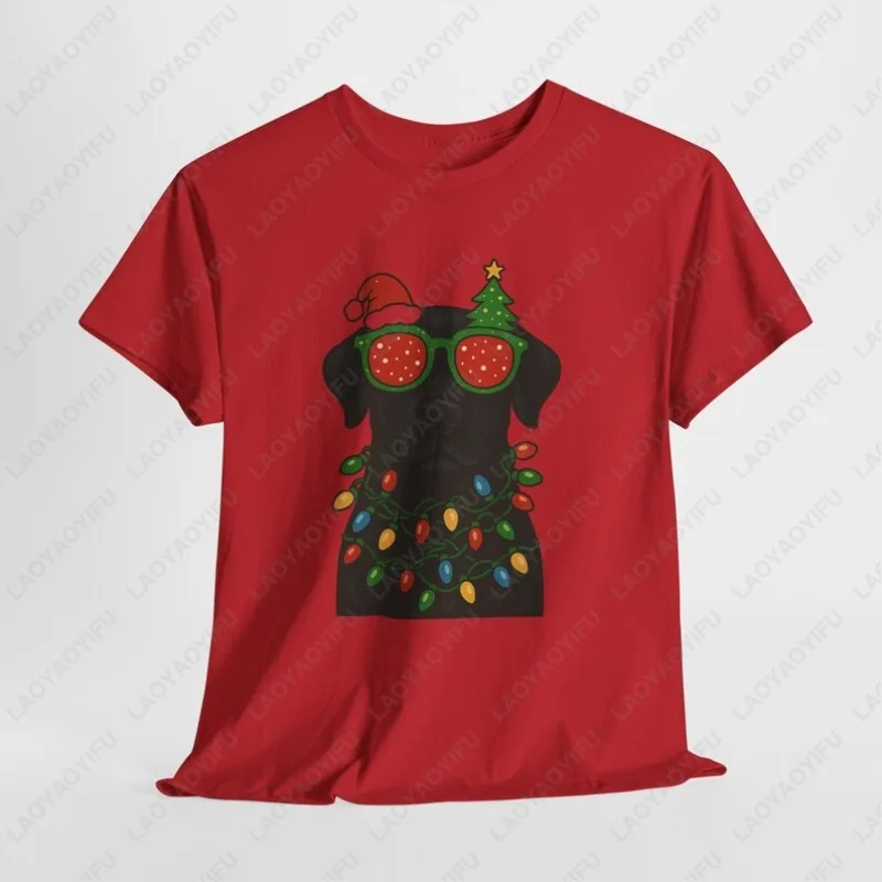 Black Labrador in Glasses Christmas Cute Unisex Adult Cotton Tshirts Funny Pet Dog Xmas Hat  Unisex Graphic O-neck Printed Tops