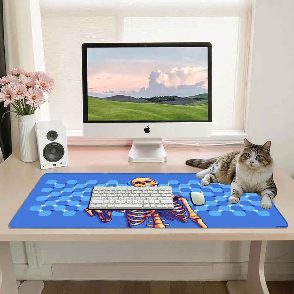 Pixel Skeleton Gaming Mouse Pad Retro 8Bit Blue Grid Vintage Game Art Non‑Slip Desk Mat for TCG Card Game Esports Office Gift