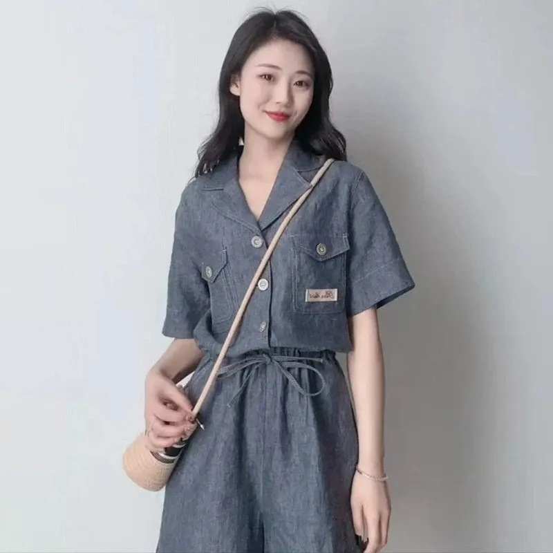 

Ouoma Summer 2023 Women's Casual Cotton Workwear Jumpsuit ort Sve Suit Collar Pants High Waist orts Length Jumpsuit