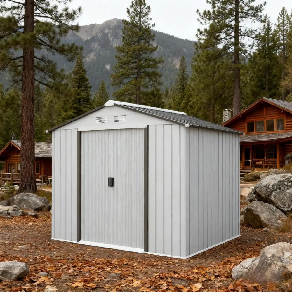 White Metal Outdoor Storage Shed with Foundation & Vents, Sliding Door, Customized