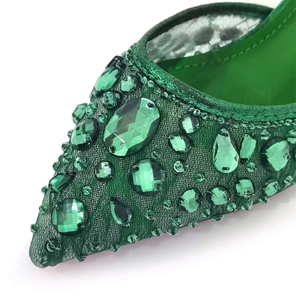 Venus Chan Pointed Toe Heels for Women Party Green Color Full Diamond Lace Matching Design Italian Shoe and Bag Set Designer