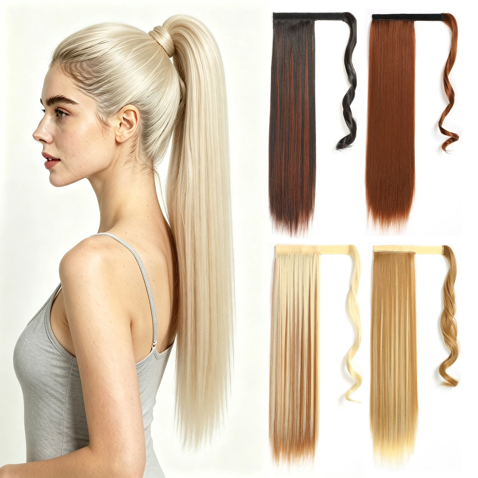 Long Sleek Straight Wrap Ponytail Synthetic Hairpiece 24 Inch Velcro Magic Tape Ponytail Extension For Women Dating Party