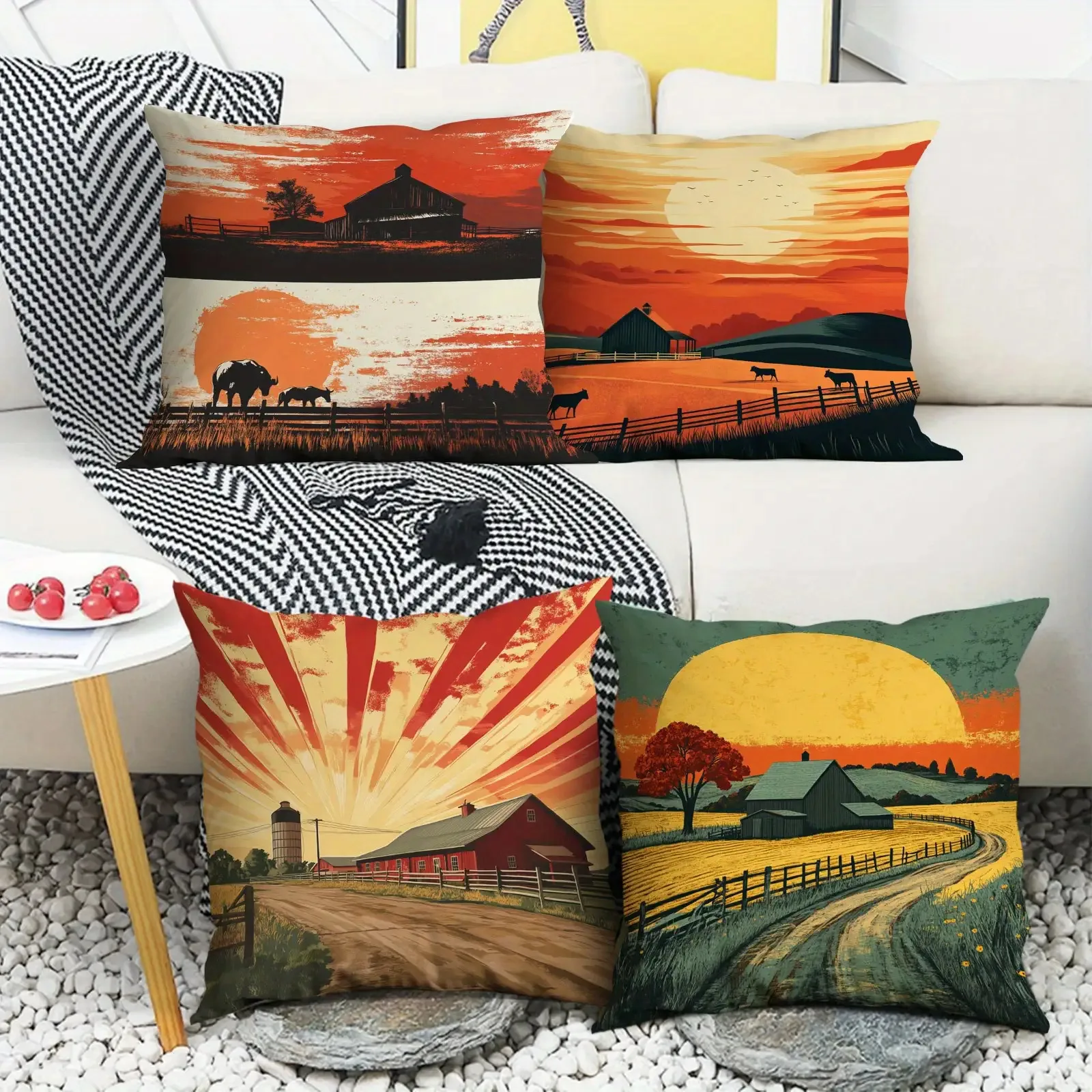 Kissenbezug mit digitalem Druck im Stil eines Sonnenuntergangs auf einem Weidegebiet, kurzer Plüsch, geeignet für Wohnzimmer, Schlafzimmer, Sofas, 4 Stück