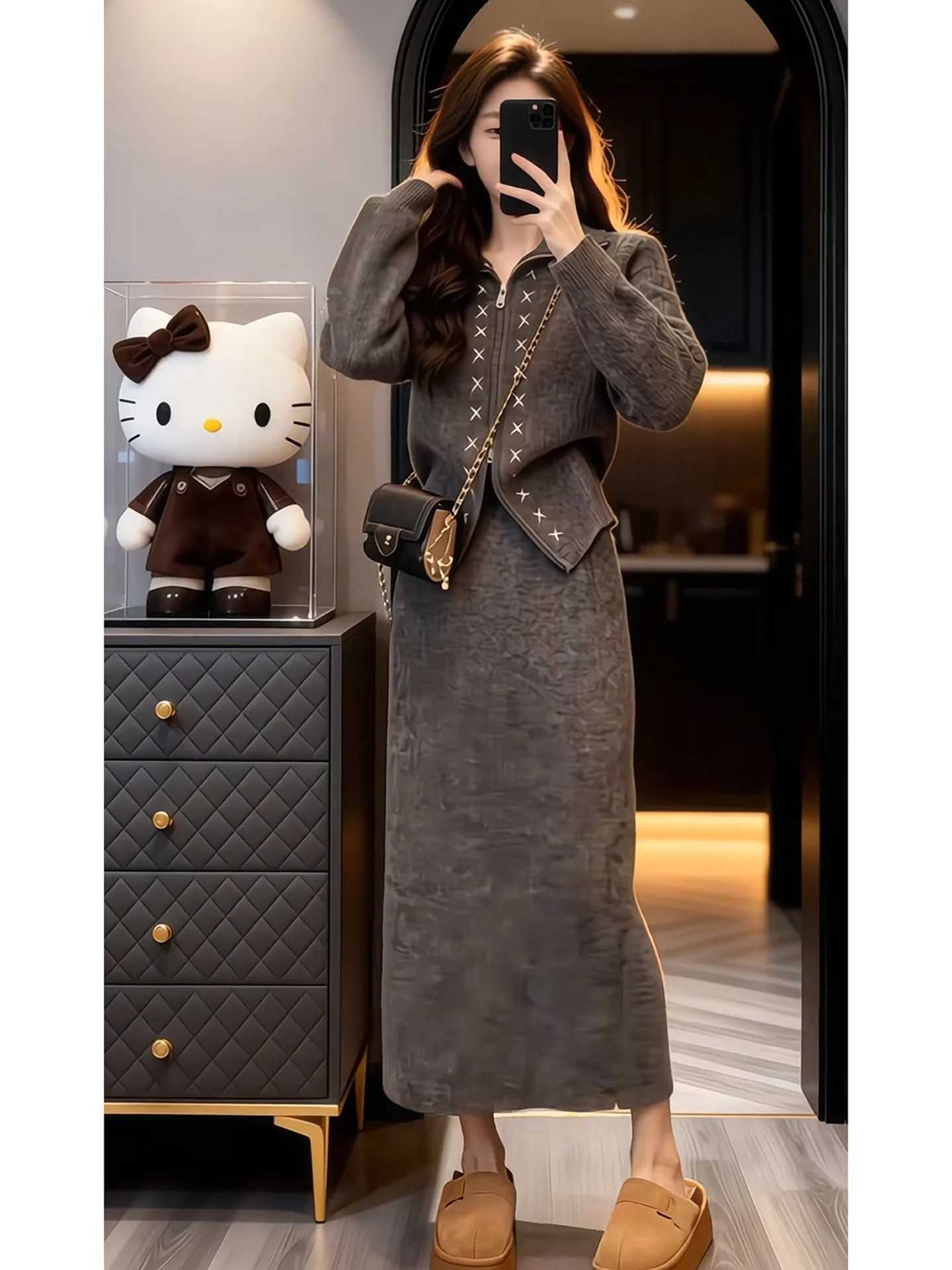 

Korean Sle Knitted Long Dr Set Women's Spring New Loose Feel Ootd Matching Skirt Sweet Sle Polyester Fiber A-Line Dr