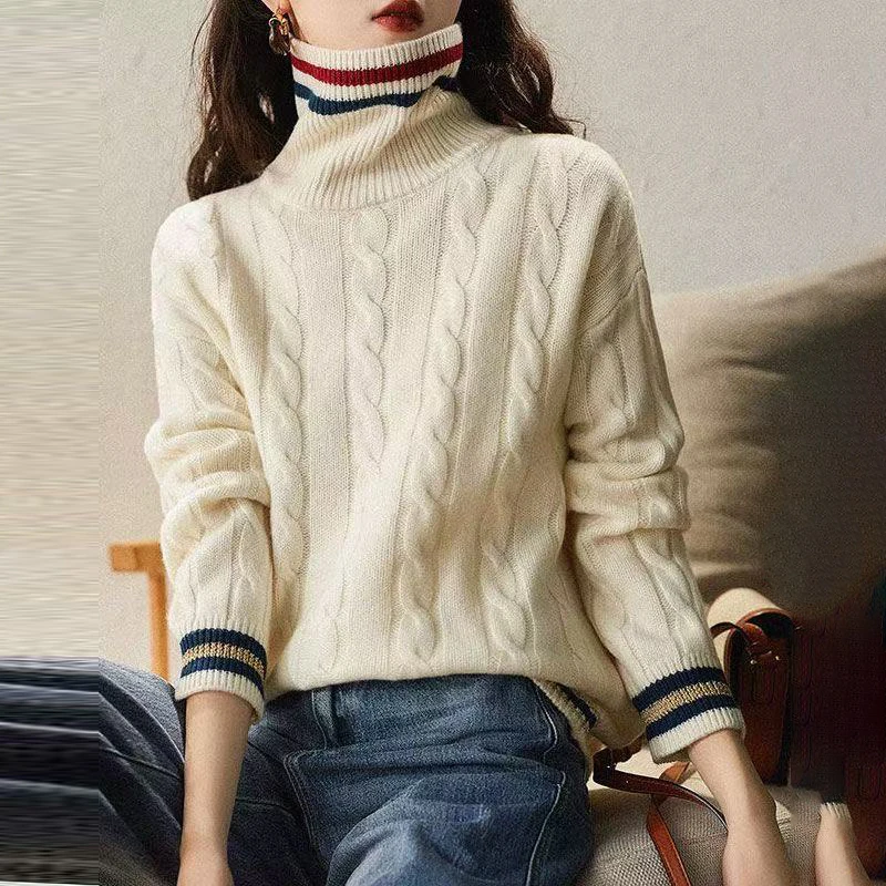 Green splicing contrasting color knitted sweater 2025  new thickened fashionable bottoming top in autumn and winter