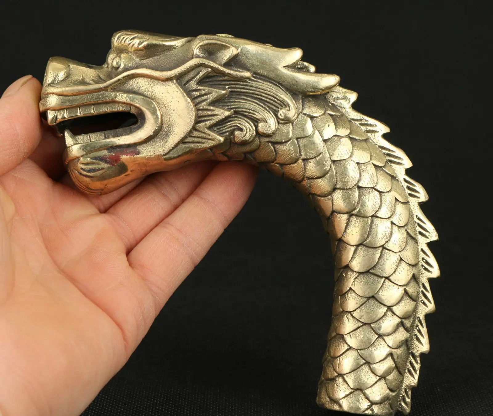 Chinese old bronze hand carved dragon walking stick head