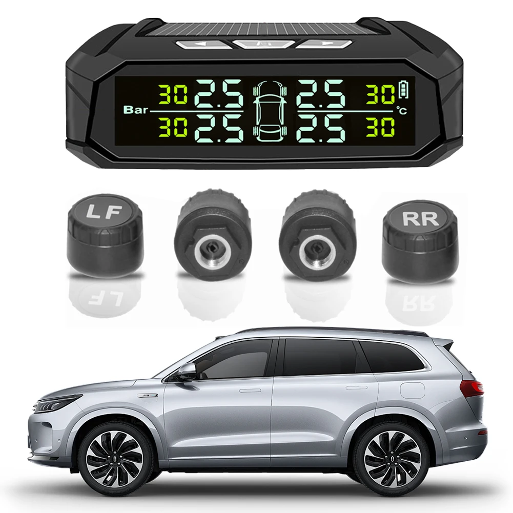 

Solar/USB Charging Tire Pressure Monitoring System with 4 External Sensors Wireless TPMS LCD Display for RVs Trailers Cars