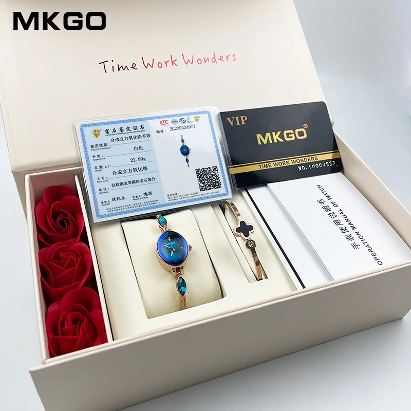 Romantic Blue Ocean Crystal Quartz Watch for Women with Golden Bracelet Diamond Chain Charm Oval Shape Fashion Ladies Wristwatch