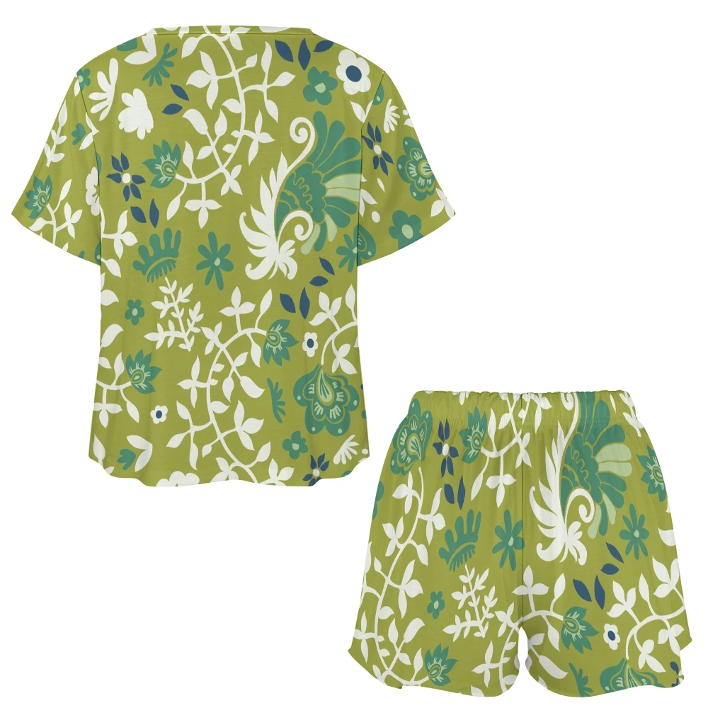 Conjunto de ropa de dormir con estampado Floral verde para mujer, ropa de dormir de 2 piezas con botones delanteros, manga corta, traje de casa de verano