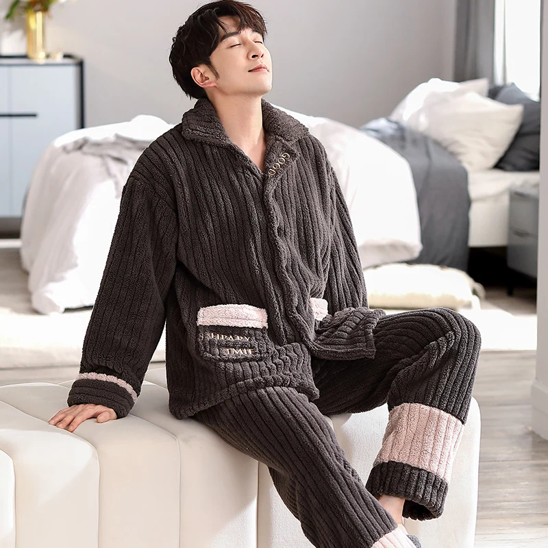 Autumn and winter new flannel men's pajamas cardigan lapel men's home wear coral velvet men's pajamas