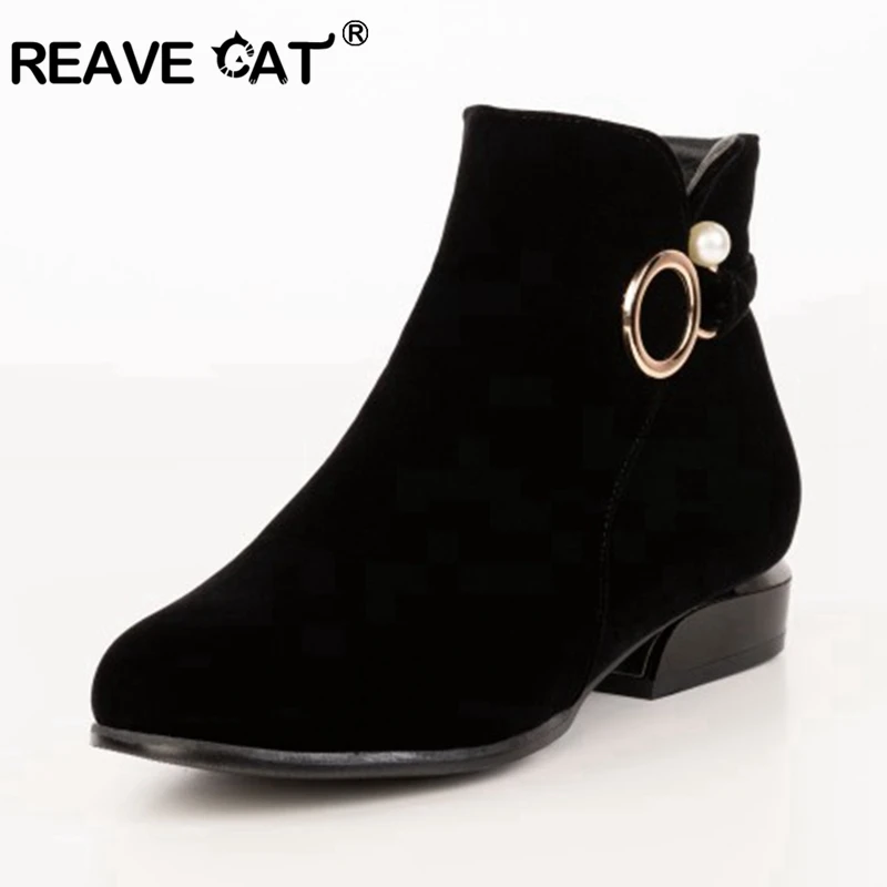 REAVE CAT Women's ankle boots Flats Female mujer Flock decoration Generous Black Boats 2022 S2406