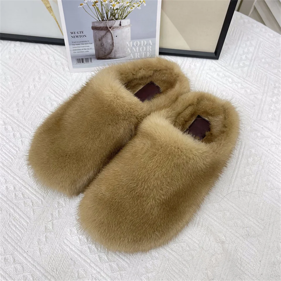 Winter Women's Shoes Luxury Mink Slippers Muller Slippers Wool Sole Slipper Soft And Comfortable Outdoor Slippers Real Fur Shoes