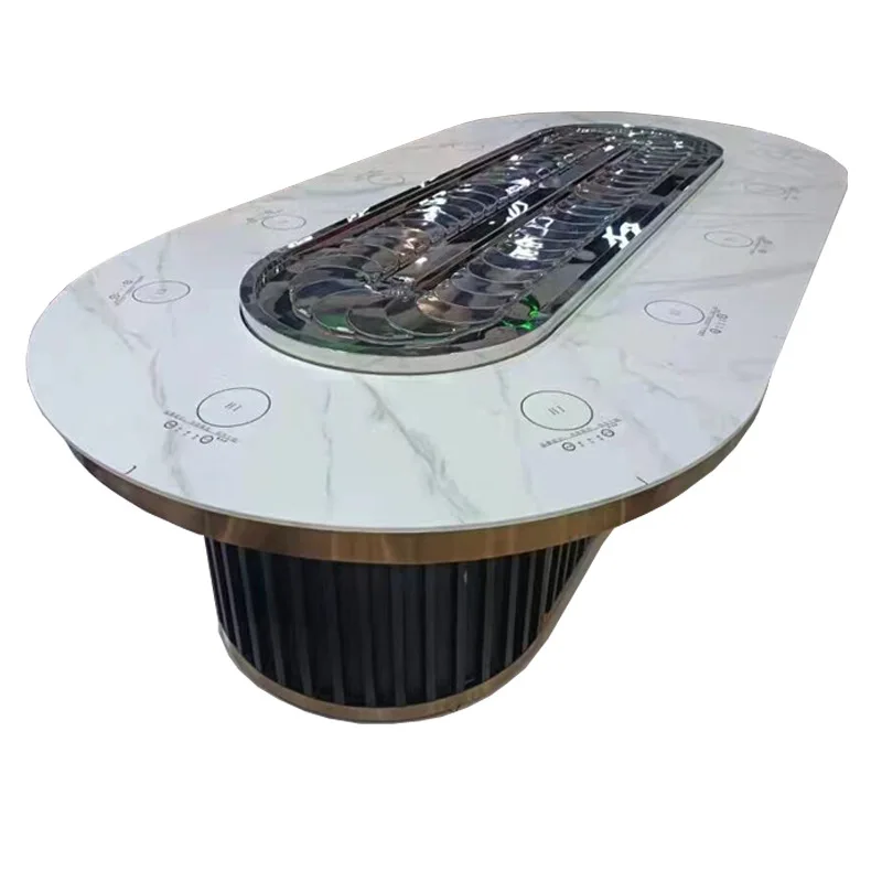 &Iron Sushi Train Oval Electric Stone Slab Dining Table Hotel Restaurant Conveyor Belt Rotating Rock Plate Automatic Rotating Ho