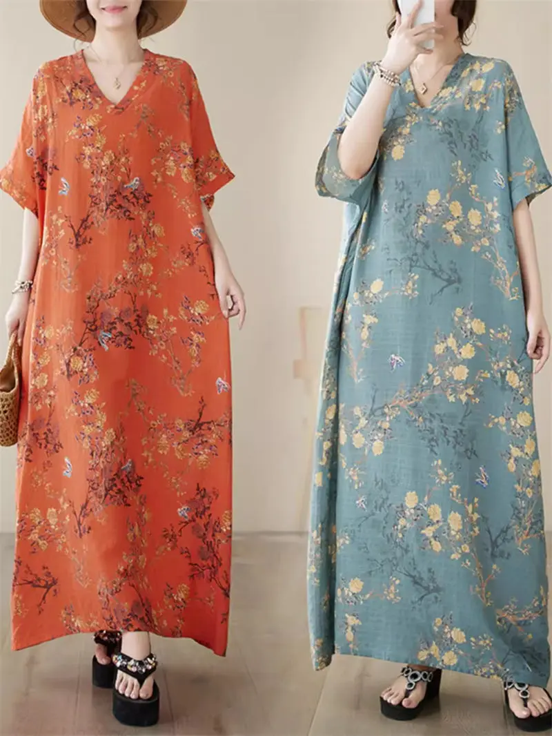 

Print Elegant Fashionable Large Size V-Neck Long Dress Artistic Versatile Loose Summer Dress Women 2024 Short Sleeve Dress K498