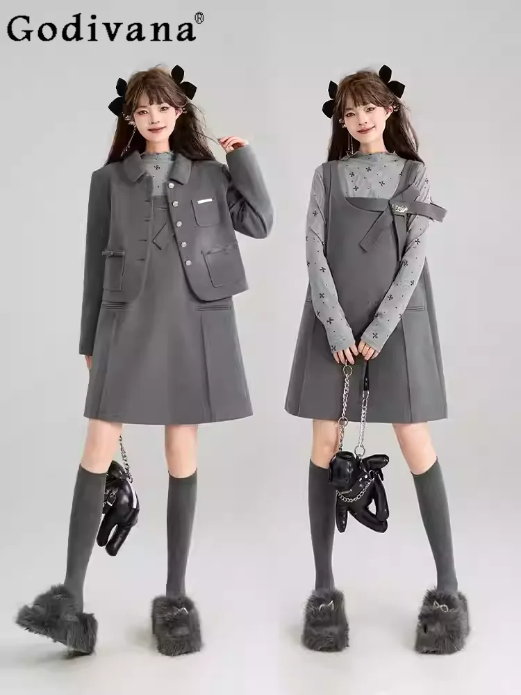 

Spring New Sweet Bow Korean Loose Gray Strap Dress Fashion Girls A-line Versatile College Age-reducing Sleeveless Vest Dresses