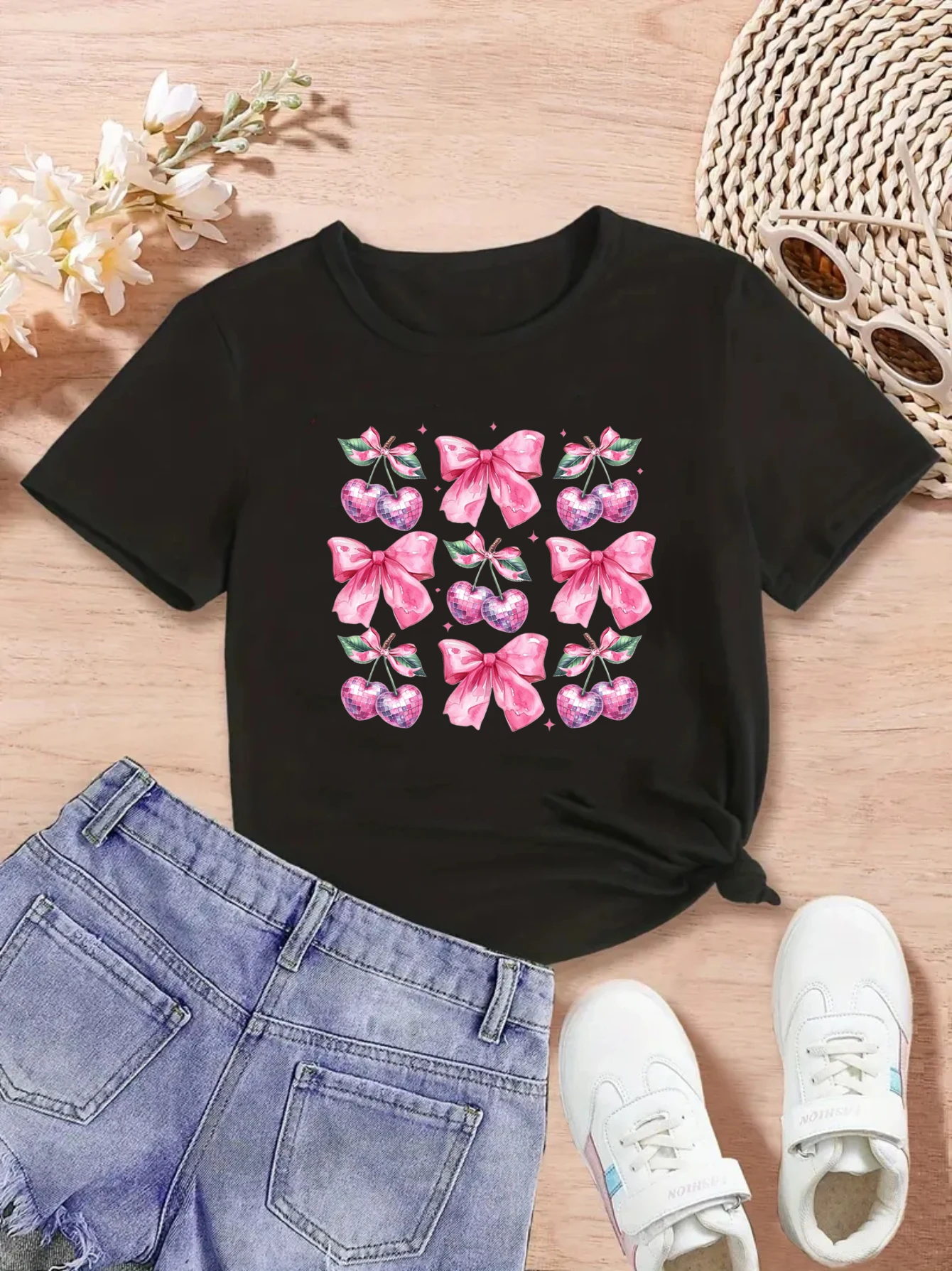 Pink Bows and Cherries Toddler Shirt, Coquette Cherry Girls T-shirt,Soft Girl Aesthetic Tee for Tweens, Gift for Little Girl Tee
