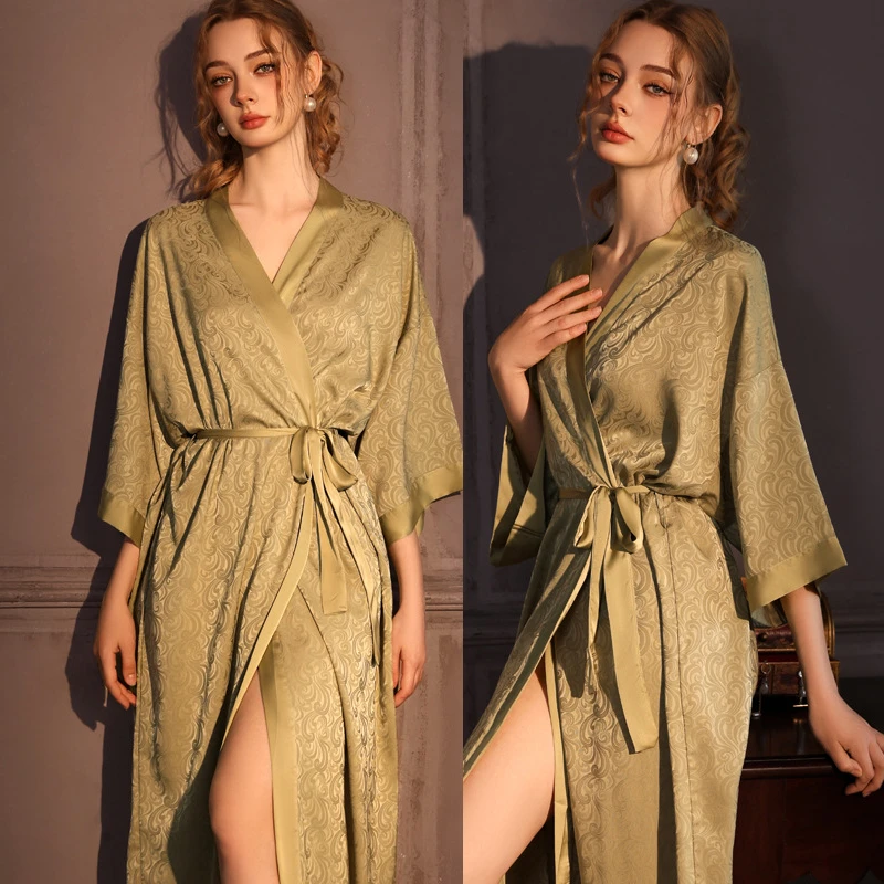 

2026 Spring Summer NewElegant Jacquard Long Robe Kimono Bathrobe Gown Female Sleepwear Nightgown Loose Satin Homewear Loungewear