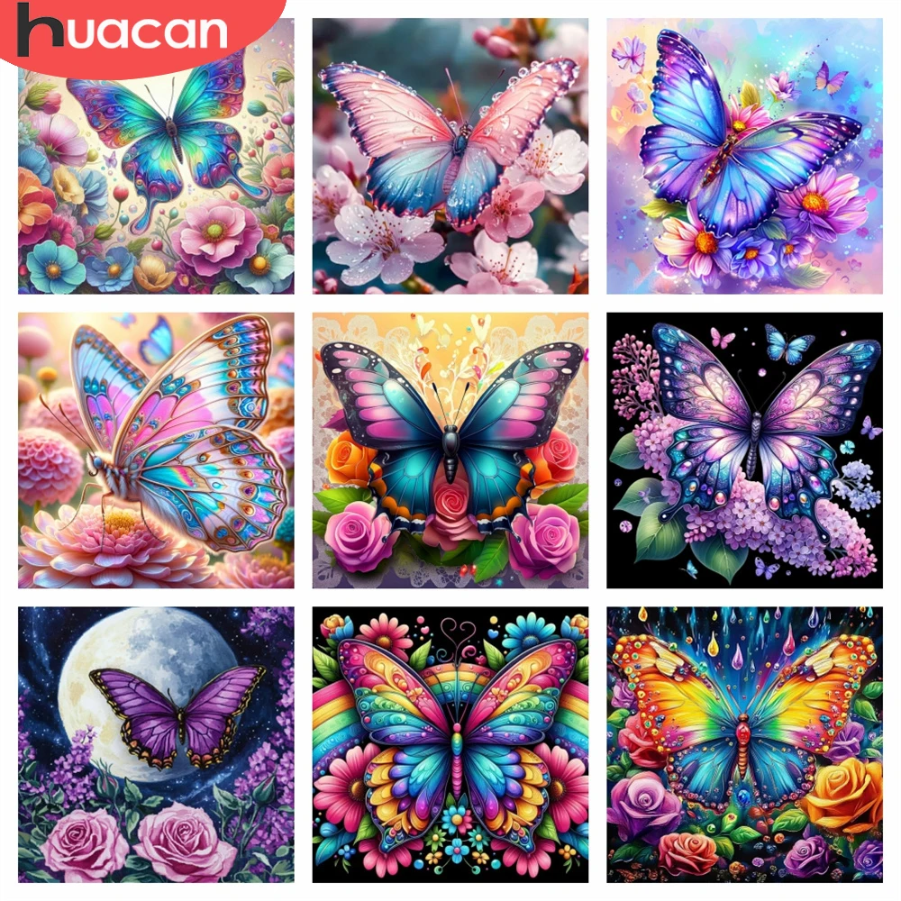 HUACAN Diamantmalerei Schmetterling Blumen Mosaik Handgefertigte Strass-Diamantkunst-Sets Tier- und Blumenmotiv Heimdekoration Komplettsets