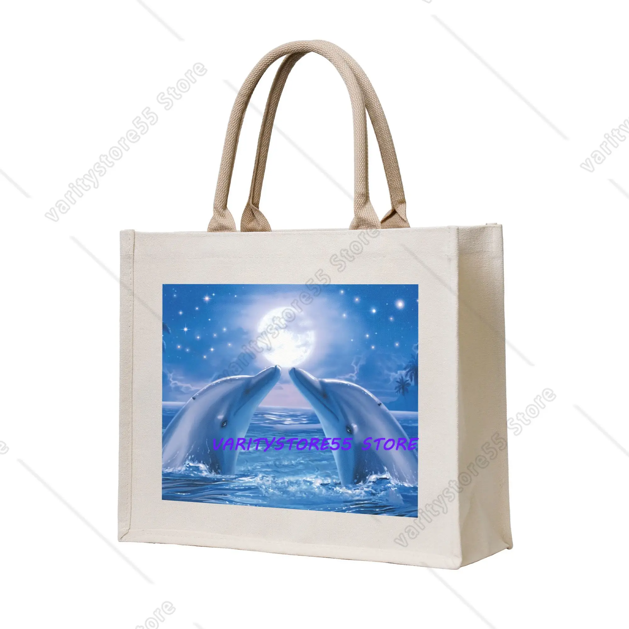 Cute Dolphins Kiss Grocery Tote Shopping Bag Women Cute Sea Creature Ocean Animal Shopper Shoulder Bag Large Capacity Handbag